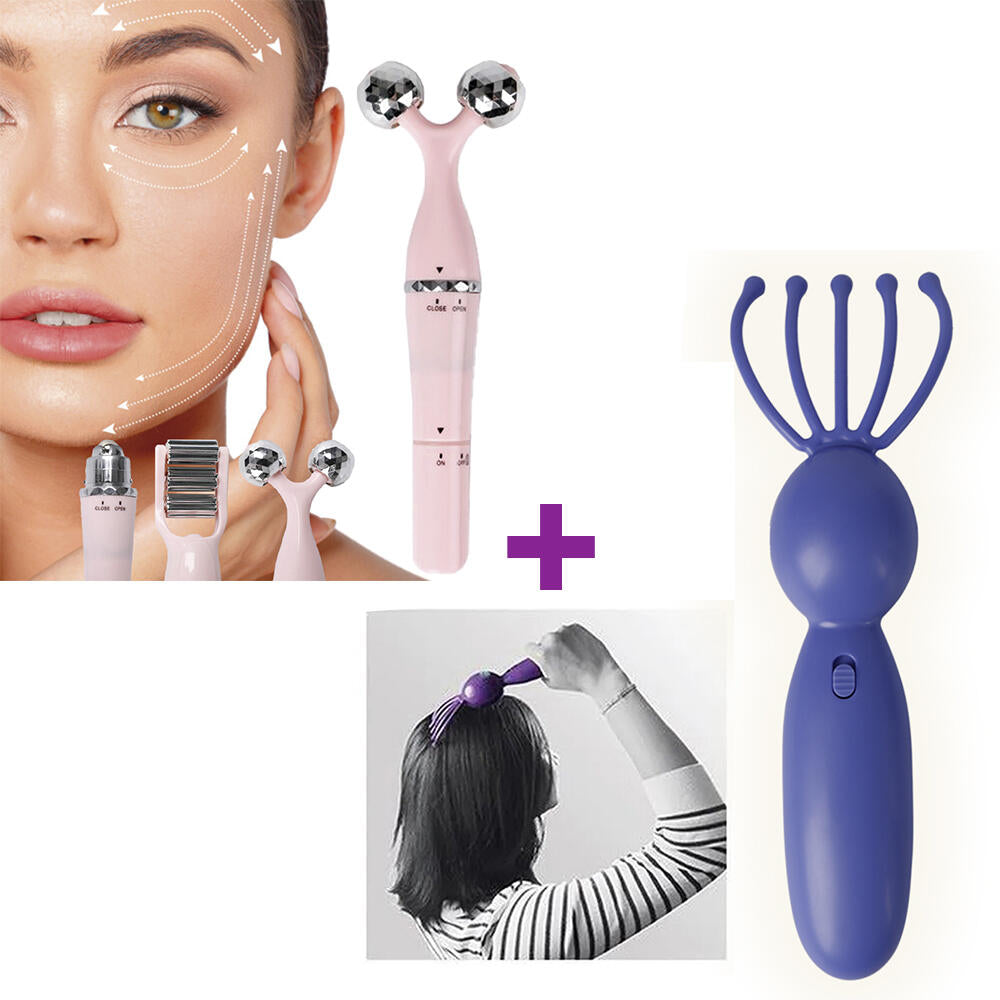 LIGHTFACE - Pack de Rodillo Masajeador Facial 3 en 1 y Masajeador Capilar